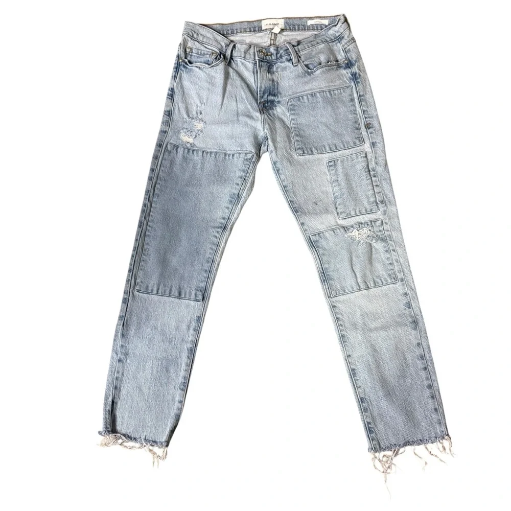 FRAME Le Garcon Hideaway Distressed Patched Crop Jeans Size 27 - Picture 2 of 7